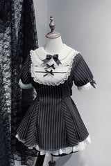 [Moonlight Whispers] Jirai Kei Rabbit Ears Doll Collar Short Sleeves Printed Ruffled Bow Lace Gothic Japanese Dress Shorts Set 2 Colors - Black-Striped-Print - 2