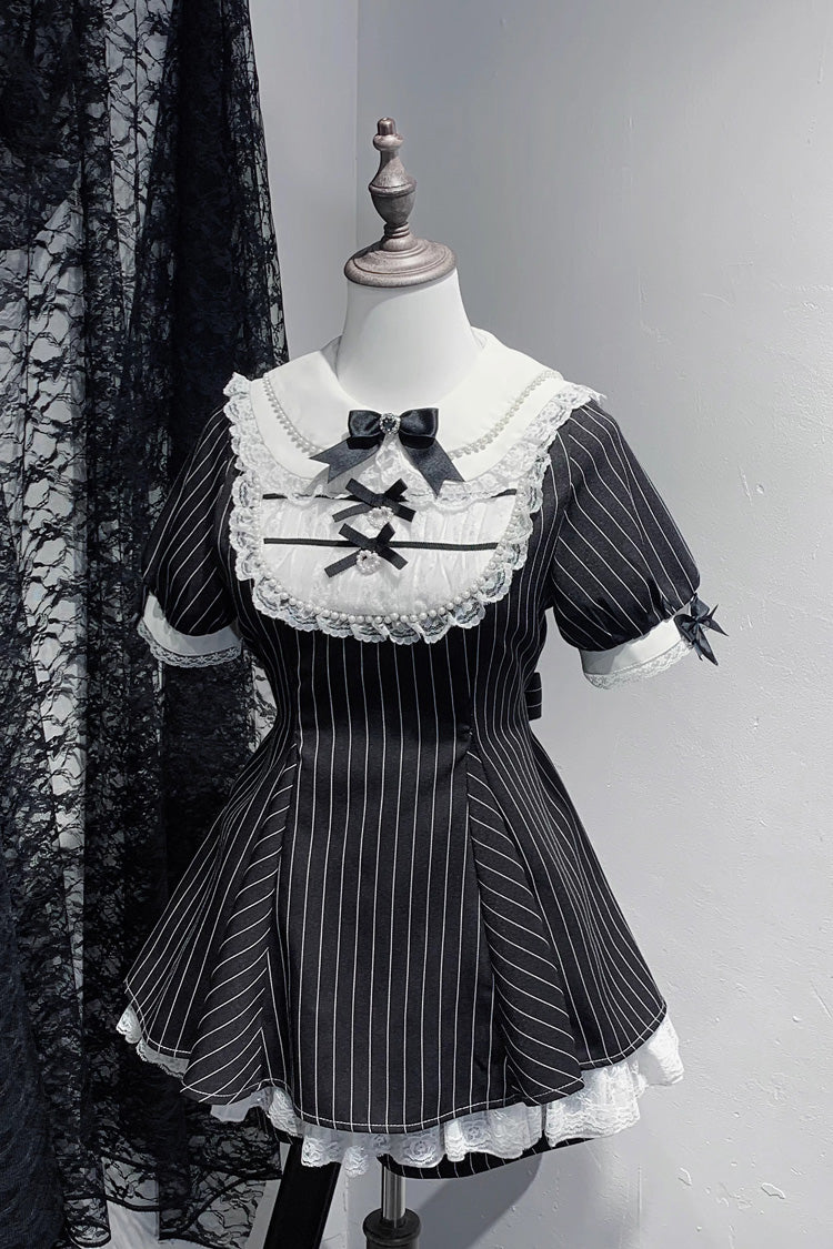 [Moonlight Whispers] Jirai Kei Rabbit Ears Doll Collar Short Sleeves Printed Ruffled Bow Lace Gothic Japanese Dress Shorts Set 2 Colors - Black-Striped-Print - 2