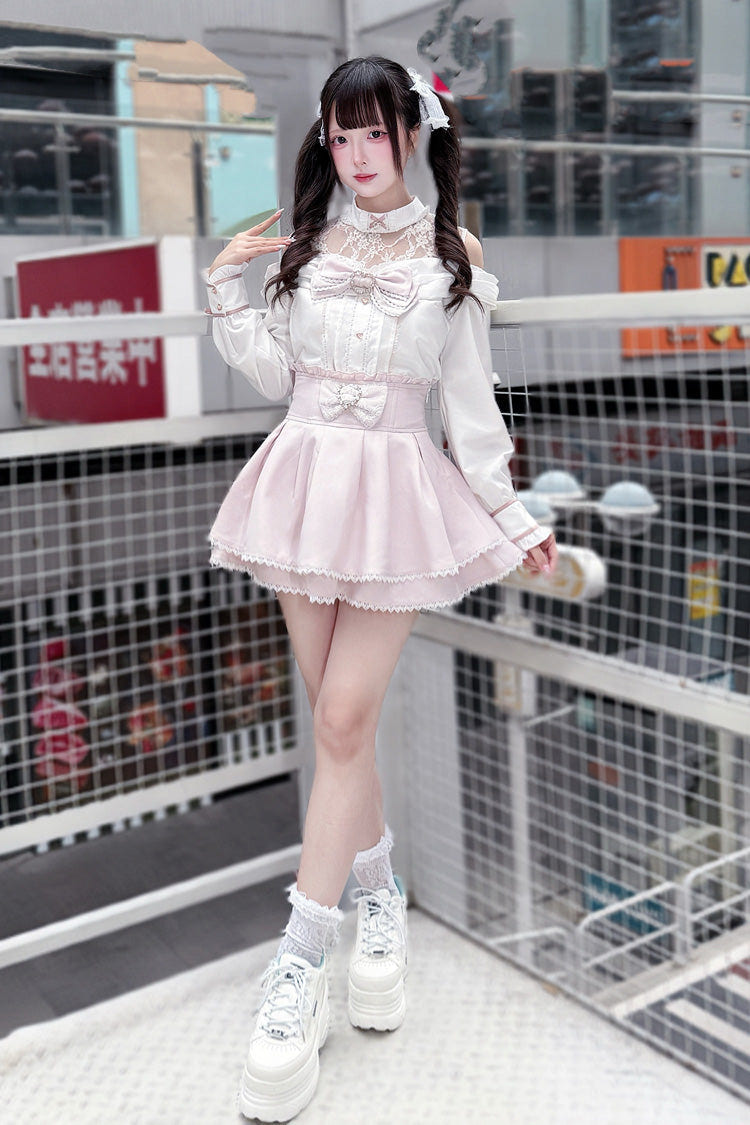 [Frosted Pearl Princess] Round Collar Off Shoulder Long Sleeves Bow Lace Sweet Jirai Kei Japanese Skirt Set 2 Colors - Product - 7