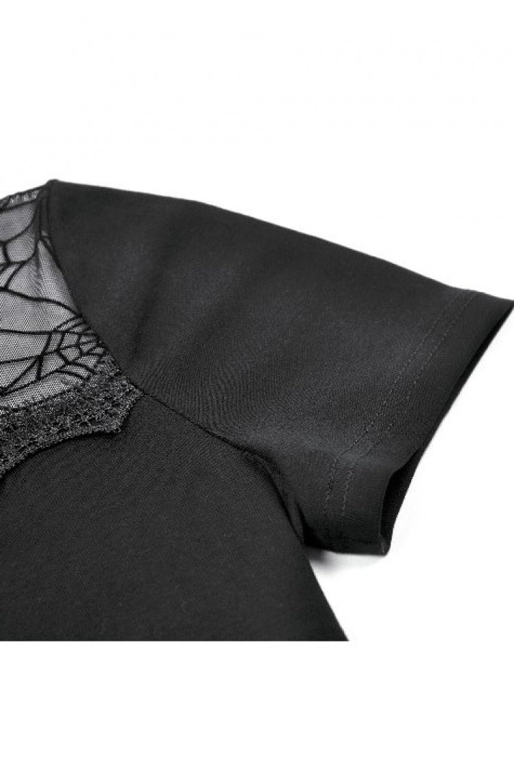Black Short Sleeves Cut-Out Spider Cobweb Sheer Mesh Women's Gothic Top - Product - 15