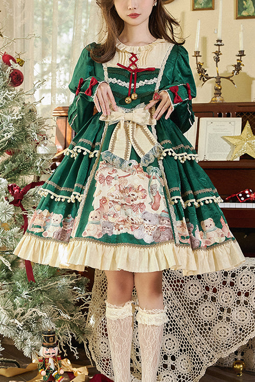 Green Round Collar Elegant Long Sleeved Tinkerbell Pendant Sweet Lolita OP Dress - Green - 1