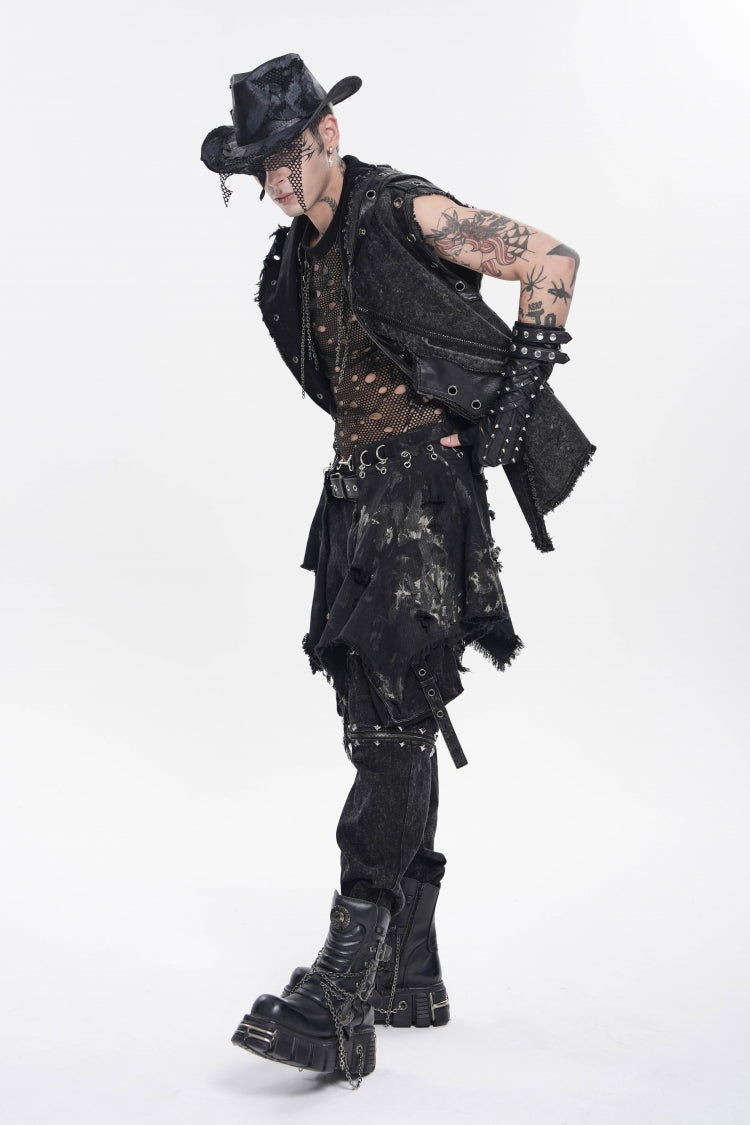 Black Irregular Ripped Buckled Pleated Chain-Decorated Men's Punk Skirt - Product - 2