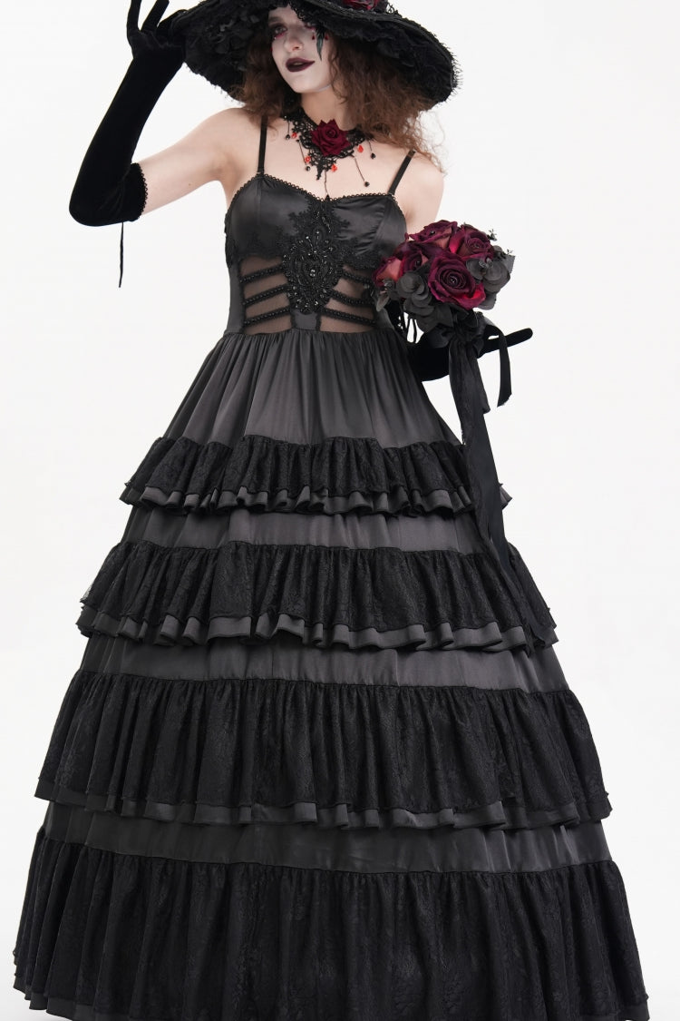 Black Multi-Layered Ruffle Lace-Up Mesh Women's Gothic Dress - Product - 7