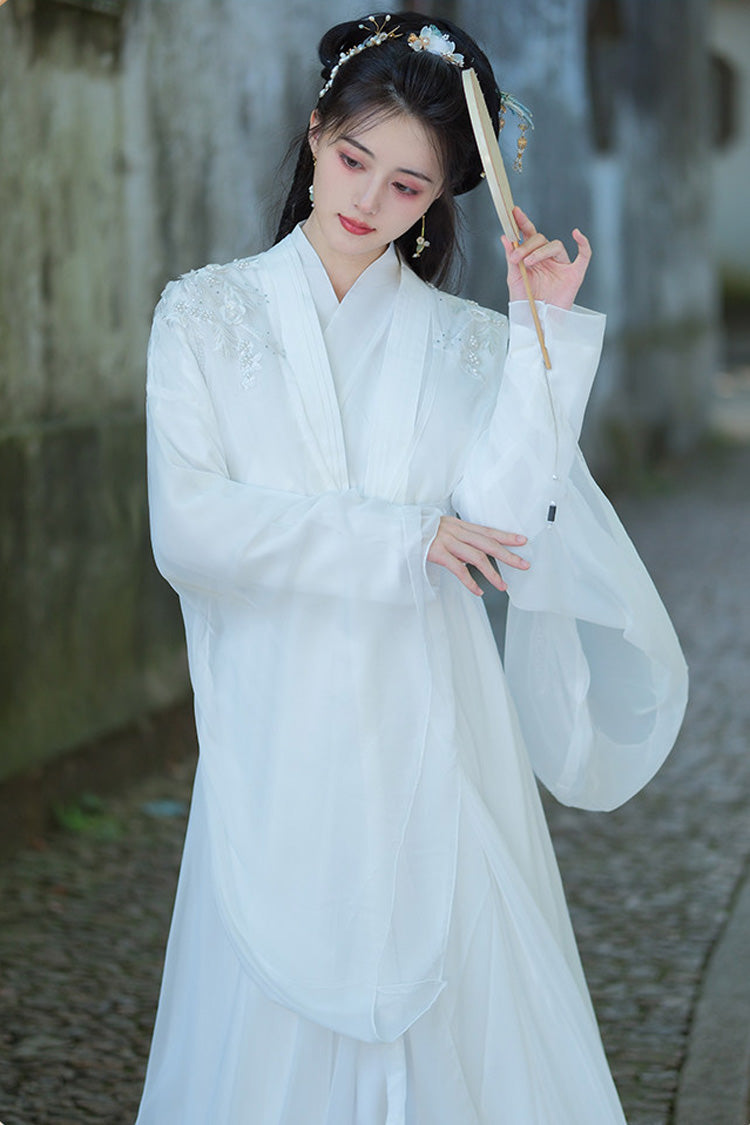 White Fairy-Like Long Trumpet Sleeves Embroidered Sweet Ancient Chinese Inspired Hanfu Dress - Product - 2