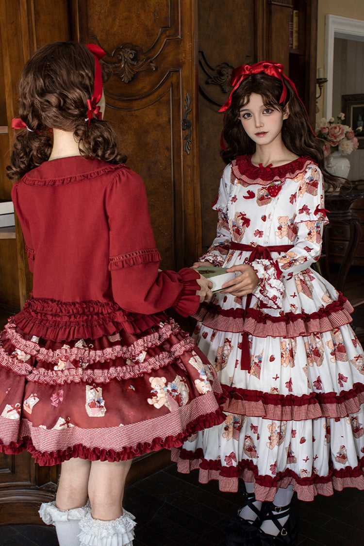 White/Pink [Bell Strawberry Farm] Print Long Sleeves Triple-Layered Ruffle Sweet Lolita Dress - Product - 9