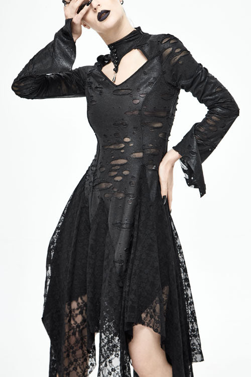Black Dragon Spine Hole Decoration Long Sleeves Gothic Dress - Black - 1