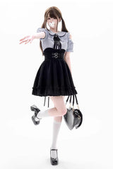 Black/Blue Off Shoulder Short Sleeves Ruffle Bowknot Sweet Jirai Kei Japanese Set - Black/Blue - 1