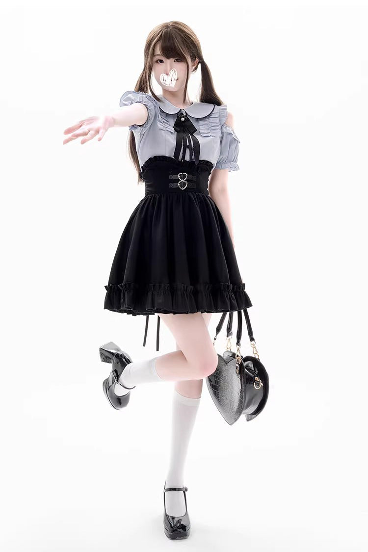 Black/Blue Off Shoulder Short Sleeves Ruffle Bowknot Sweet Jirai Kei Japanese Set - Black/Blue - 1