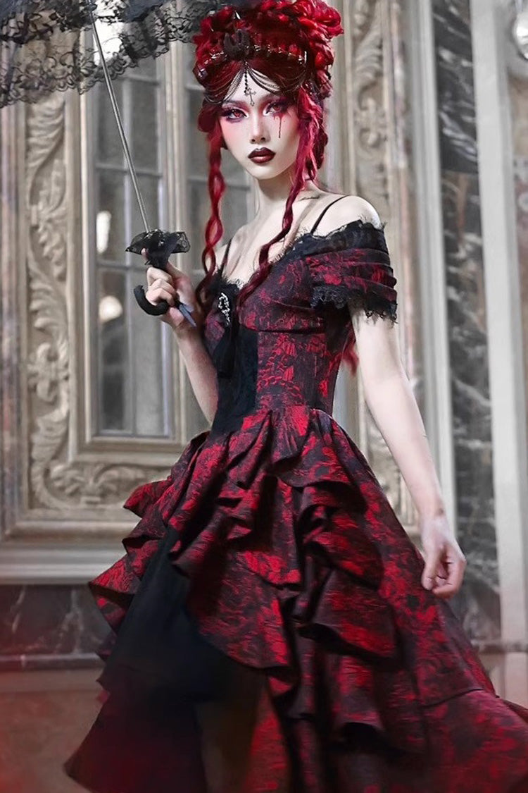 Black/Red Feast in Hades Short Sleeves Print Ruffle Cardigan Gothic Lolita Dress - Product - 6