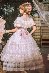 White/Pink [Realm of Sunset] Short Sleeves Printed Ruffled Hanayome Bow Lace Gorgeous Sweet Lolita Dress Set - Product - 6