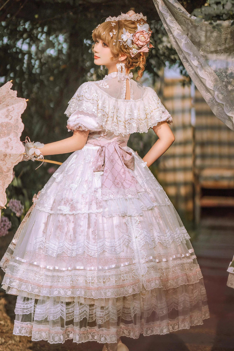 White/Pink [Realm of Sunset] Short Sleeves Printed Ruffled Hanayome Bow Lace Gorgeous Sweet Lolita Dress Set - Product - 6