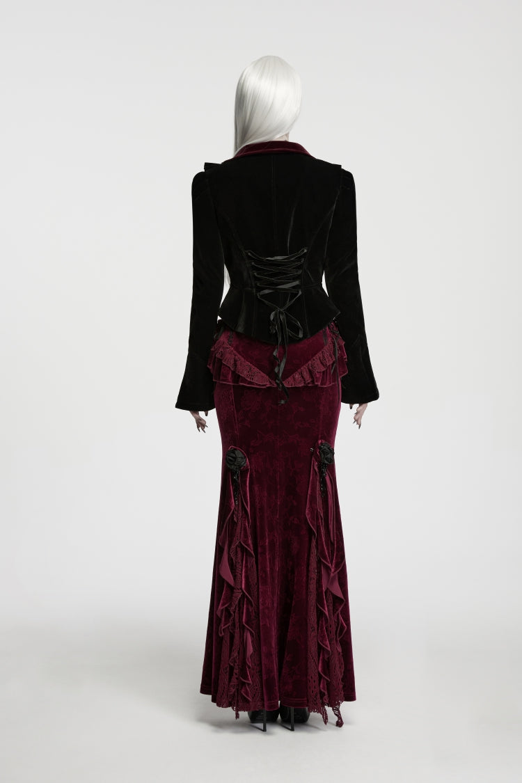 Black/Red Lapel Collar Long Trumpet Sleeves Lace Lace-Up Asymmetric Color-Blocked Women's Gothic Elegant Luxurious Royal Velvet Coat - Product - 4