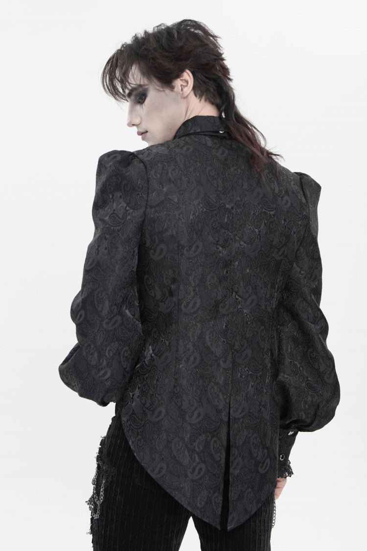 Black Lapel Collar Long Lantern Sleeves Jacquard Embroidered Lace Men's Gothic Palace Swallow-tailed Shirt with Necktie - Product - 13