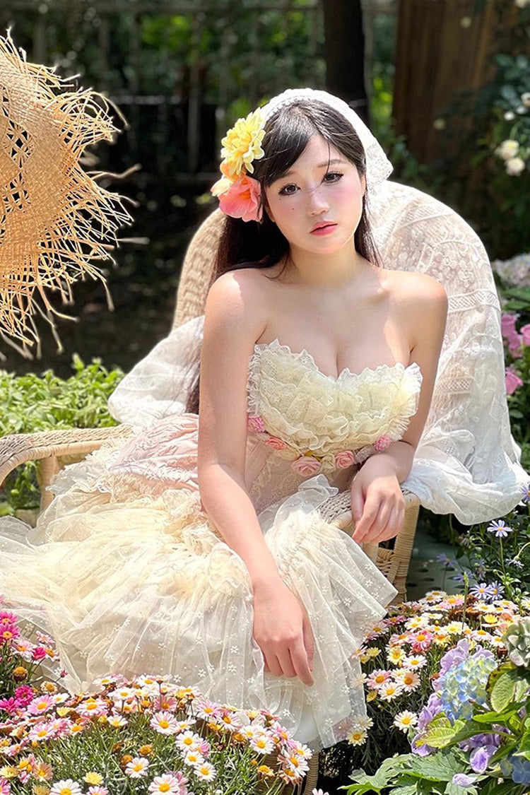 Pink Flower Goddess of Love Ruffle Bowknot Lace Sweet Elegant Lolita Maxi Skirt Dress Set - Product - 14