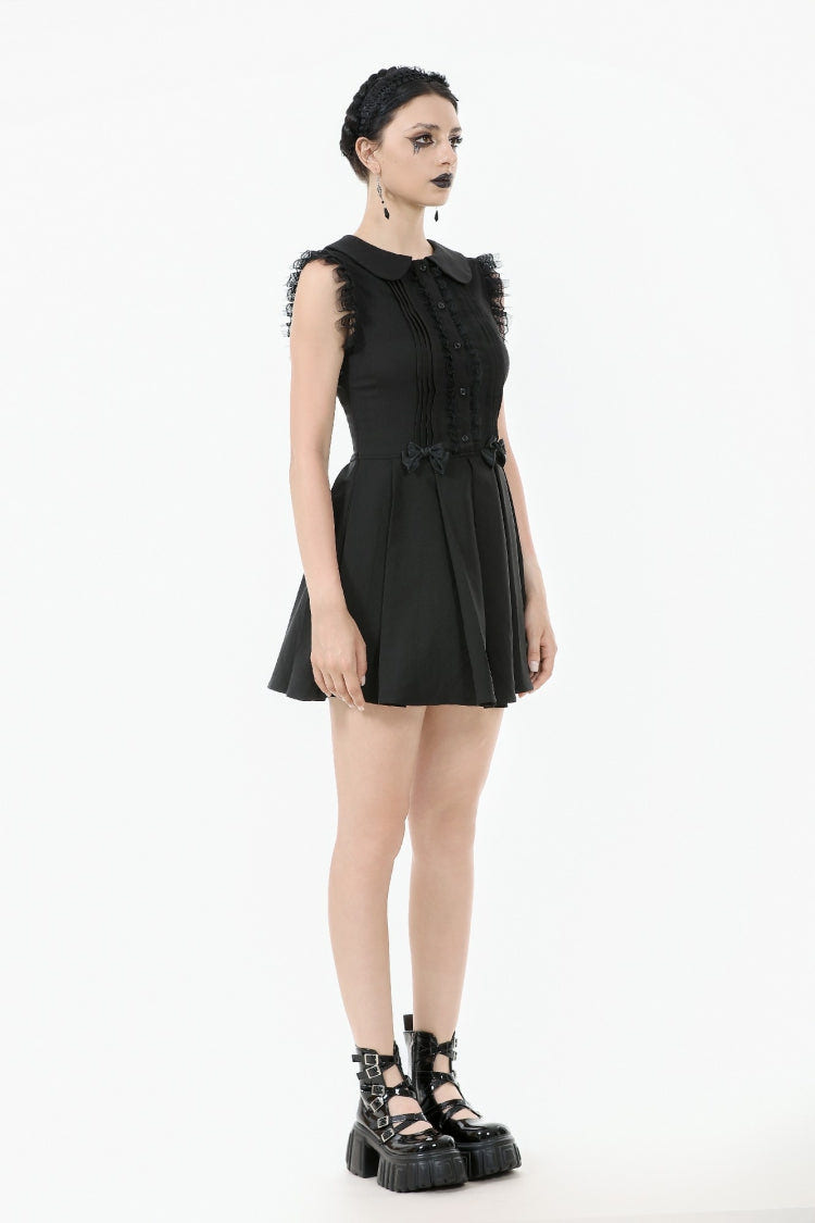 Black Peter Pan Collar Sleeveless Bowknot Pleated Women's Gothic Graduation Dress - Product - 2