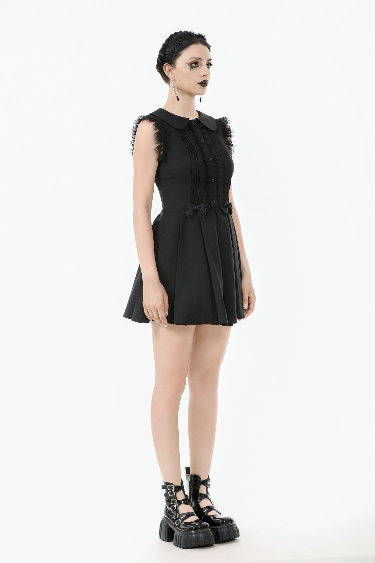 Black Peter Pan Collar Sleeveless Bowknot Pleated Women's Gothic Graduation Dress - Product - 2