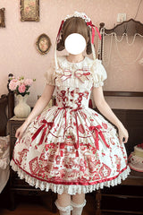 Ivory/Red [Strawberry Bear] Sleeveless Print Ruffle Embroidery Bowknot Lace Sweet Lolita Jsk Dress - Ivory/Red - 1