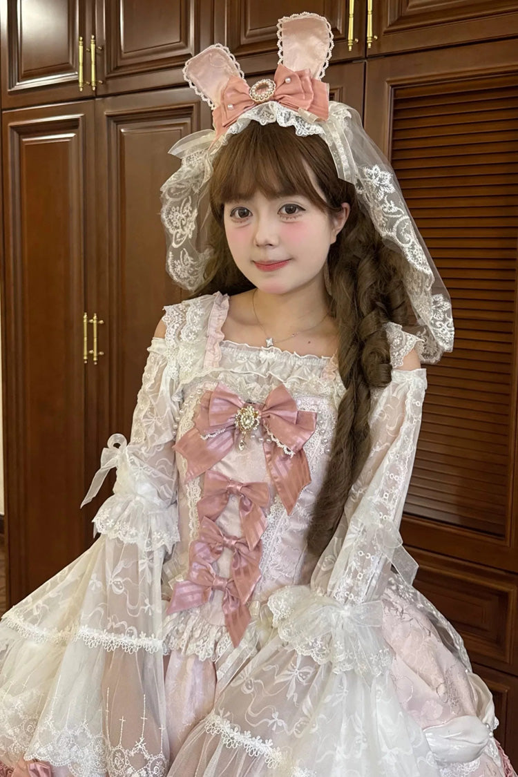 ピンク [Prelude of Ribbons] スクエアカラー ノースリーブ ジャカードフリル 前開きリボンレース パールディテール 花柄 大きめサイズ スウィートロリータ ジャンパースカート（JSK） 商品画像