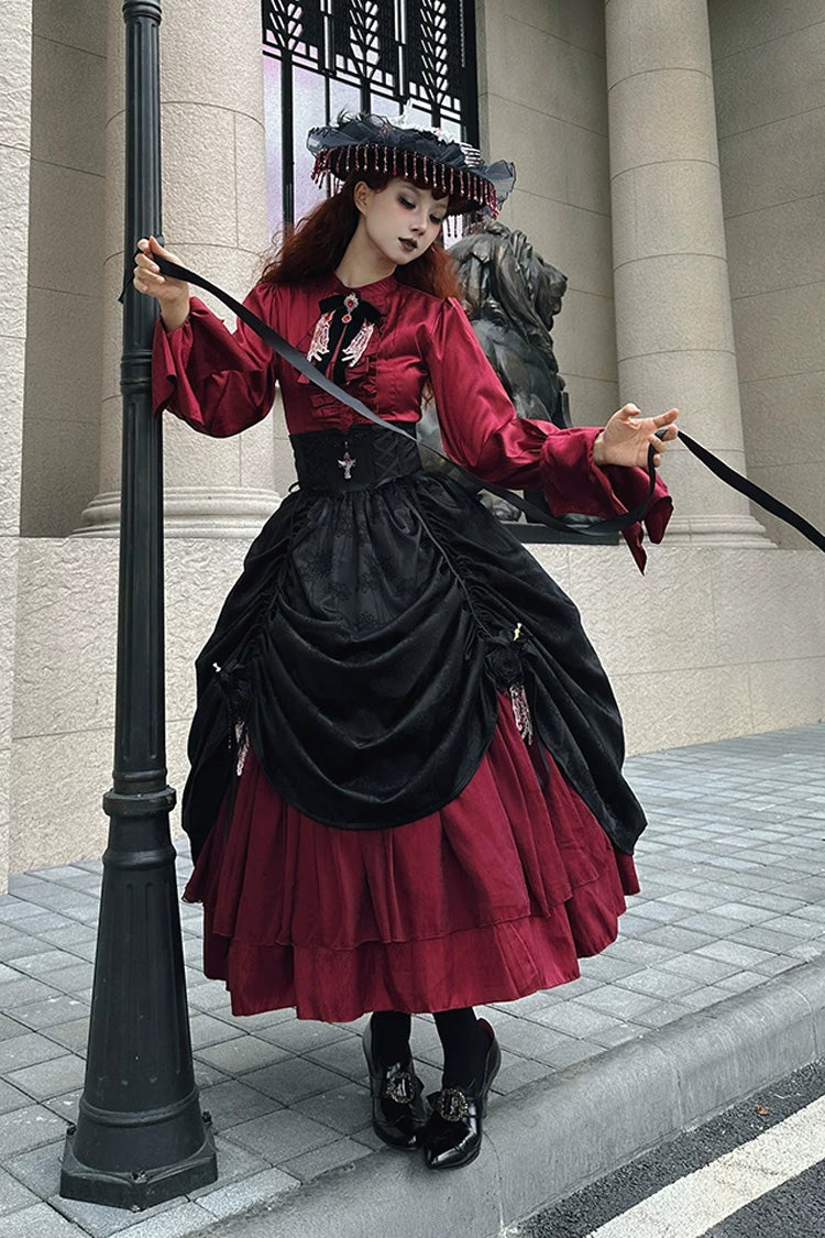 Black/Red [Moonlit Return] Printed Boned Gothic Elegant Lolita Skirt - Product - 8