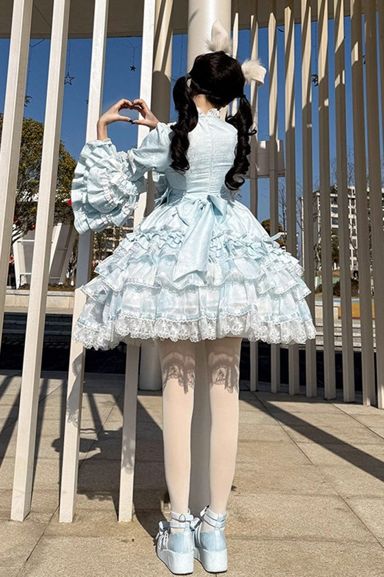 ブルー [The Soloist Doll] ロング 姫袖 ティアード プリント フリル リボン アシンメトリー スウィートロリータワンピース 商品画像