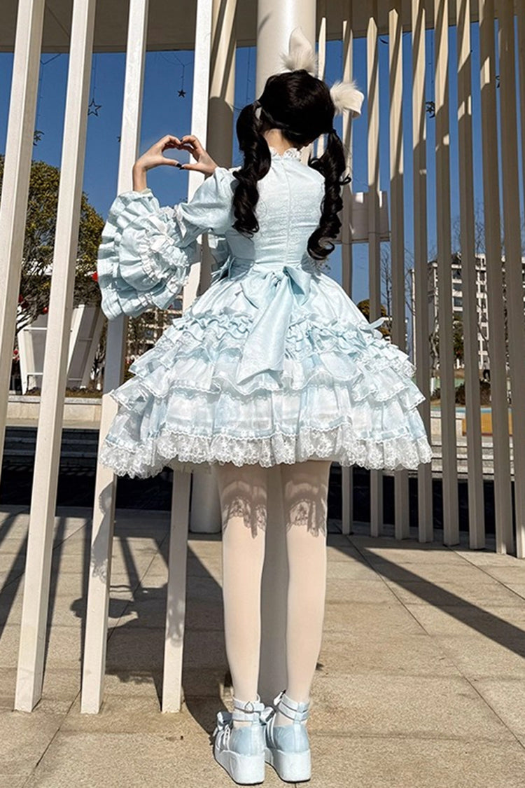 Blue [The Soloist Doll] Long Hime Sleeves Multi-Layered Print Ruffle Bowknot Asymmetric Sweet Lolita Dress - Product - 15