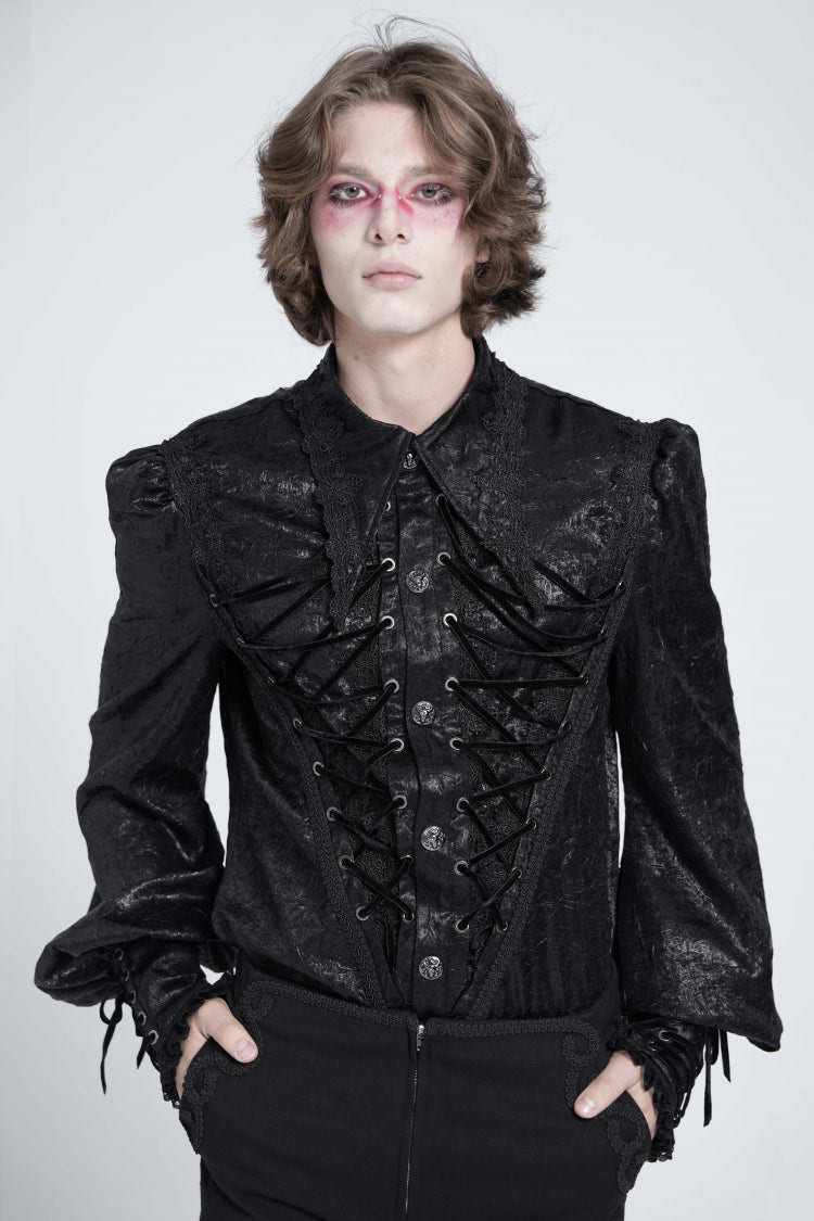 Black Long Puff Sleeves Jacquard Lace Men's Gothic Blouse - Black - 1