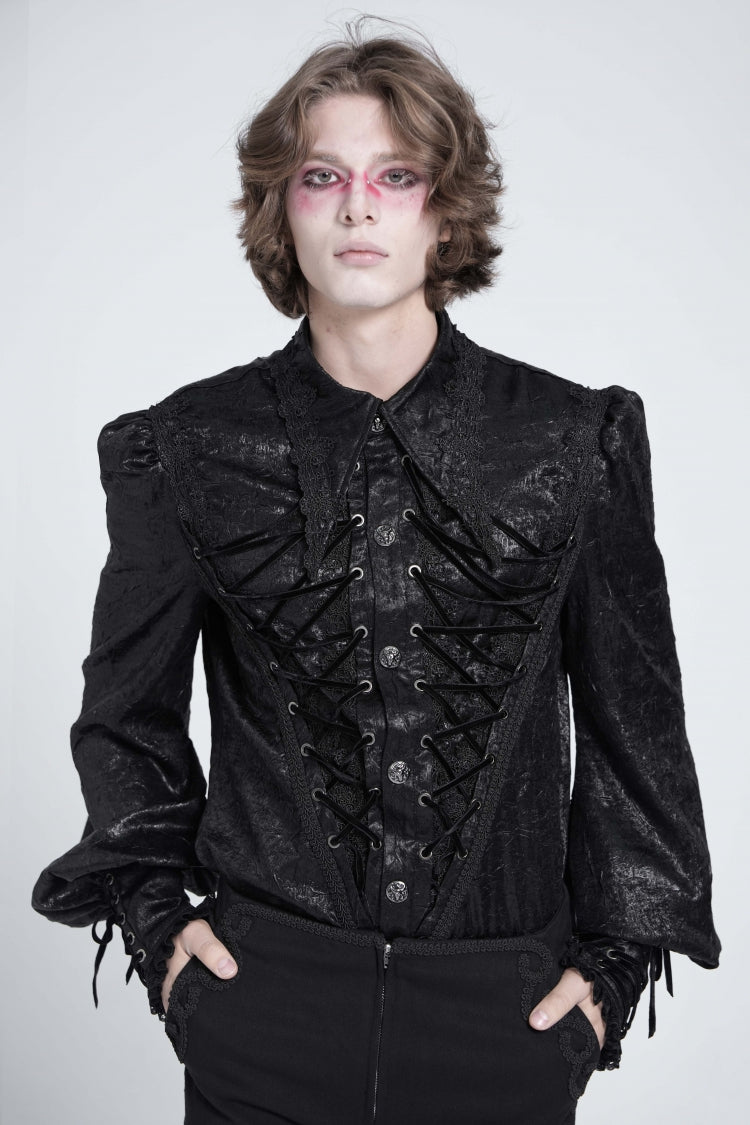 Black Long Puff Sleeves Jacquard Lace Men's Gothic Blouse - Black - 1