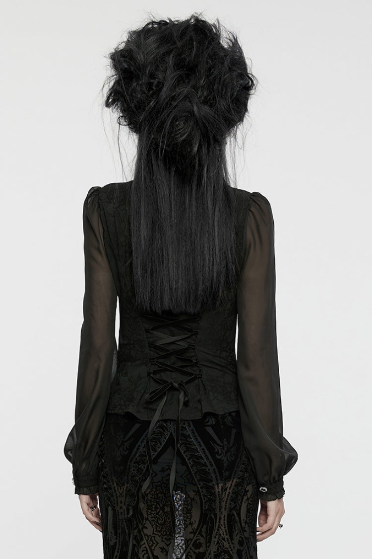 Black V Collar Long Puff Sleeves Embroidery Mesh Women's Gothic Blouse - Product - 3
