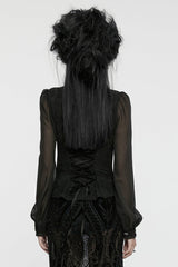 Black V Collar Long Puff Sleeves Embroidery Mesh Women's Gothic Blouse - Product - 3