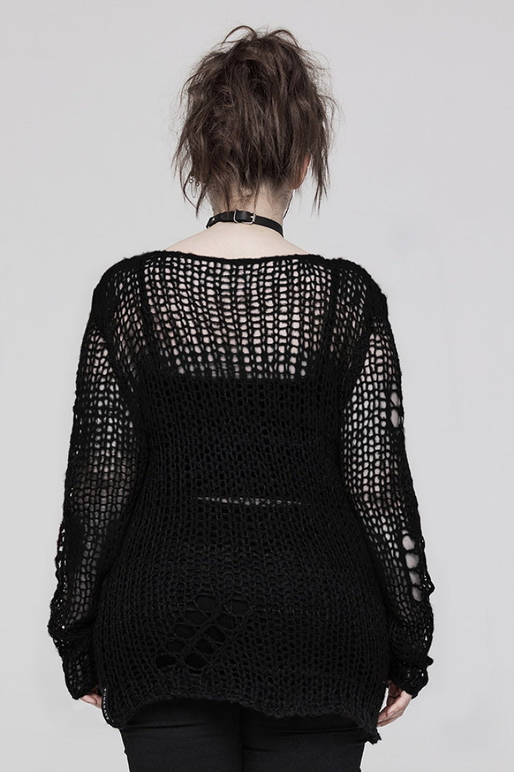Round Collar Striped Print Irregular Ripped Women's Gothic Sweater 4 Colors - Product - 11