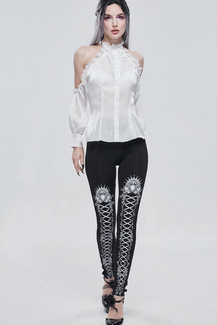 Black/White Gothic Printed Decoration Tie-Rope Elasticity Women's Leggings - Product - 5