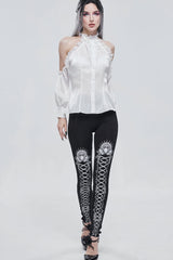 Black/White Gothic Printed Decoration Tie-Rope Elasticity Women's Leggings - Product - 5