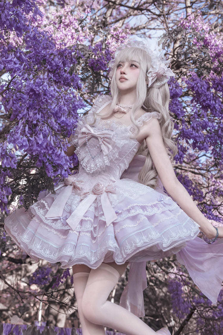 Purple [Crystal Isle] Square Collar Sleeveless Multi-Layered Jacquard Ruffled Bow Sweet Balletcore Lolita Tiered Dress - Purple - 1