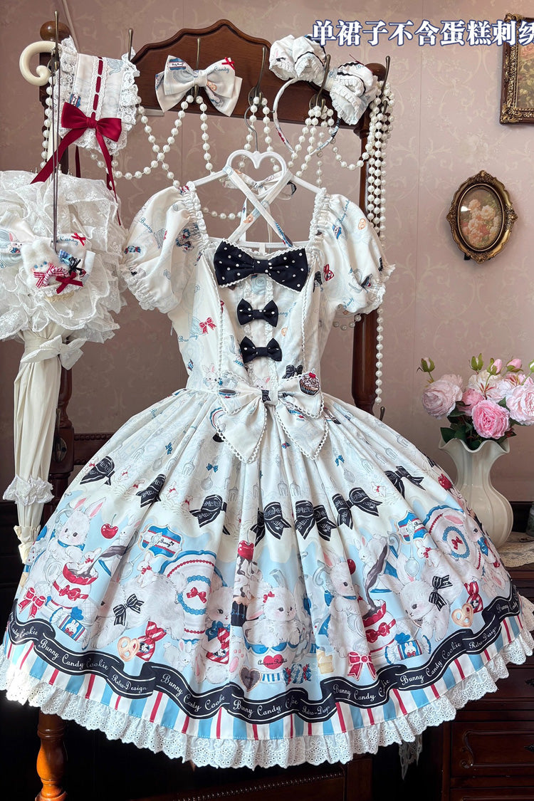 Beige Mystery Rabbit Tea Party Square Collar Short Sleeves Print Ruffle Bowknot Lace Sweet (Dress Only) detail view 2