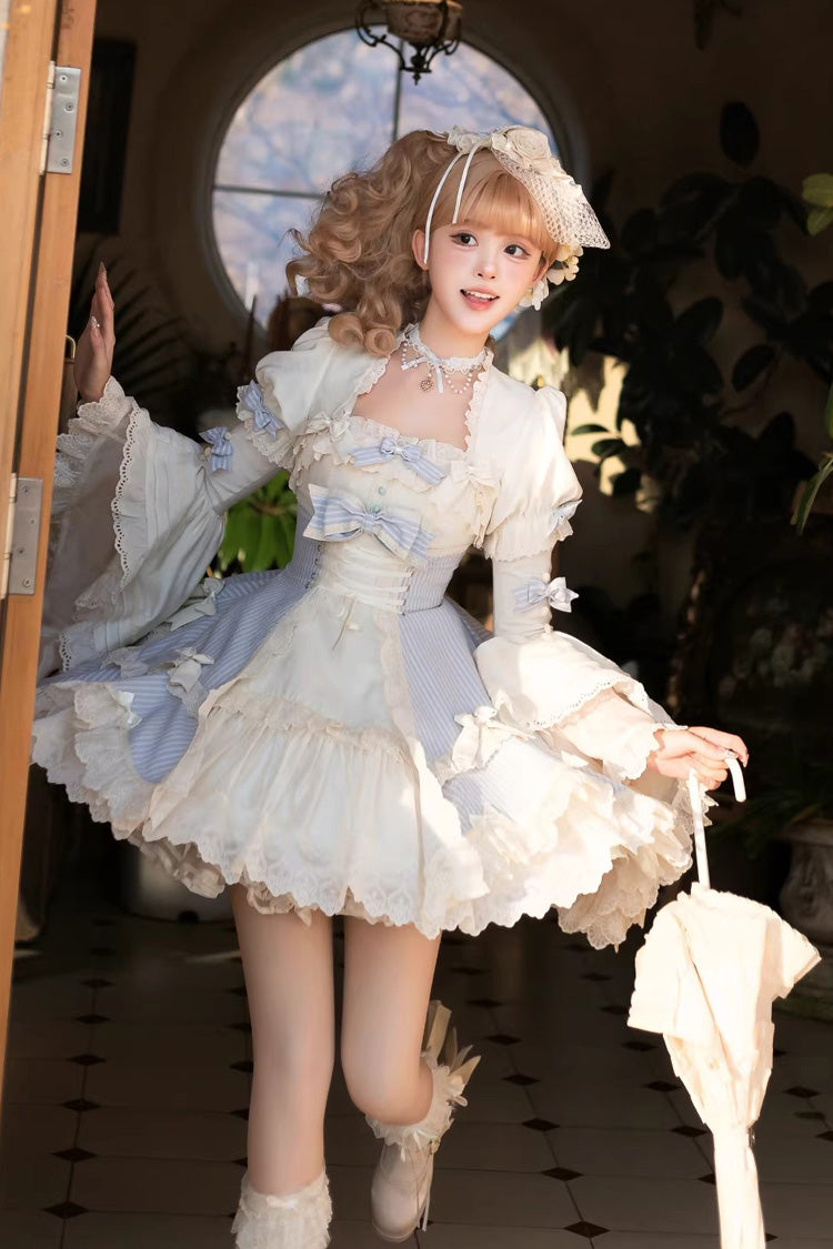 Blue [Letter Paper] Sleeveless Double-Layered Printed Ruffled Open-Front Bow Lace-Up Sweet Lolita Jsk Dress (Short Version) - Product - 4