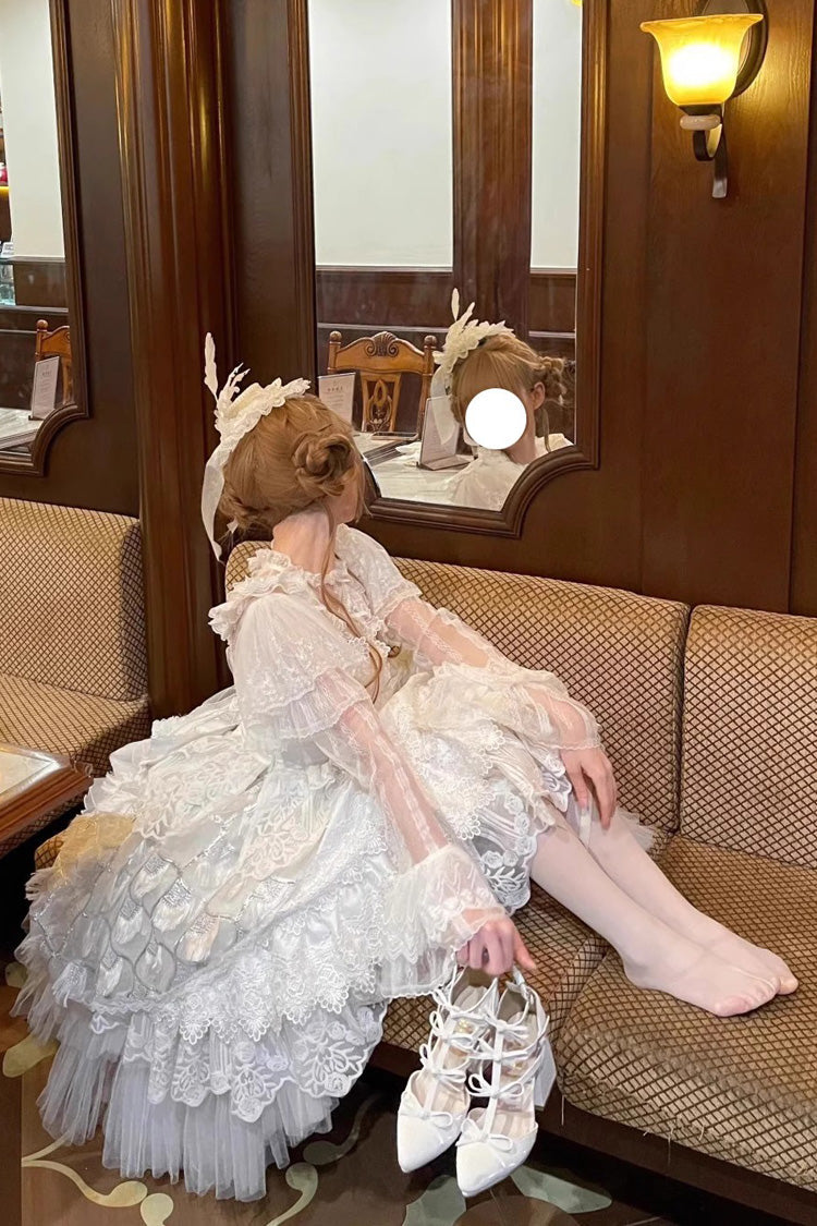 White [Peacock Feather] Multi-Layered Ruffle Hanayome Cardigan Bowknot Lace Sweet Lolita Jsk Dress Set - Product - 6