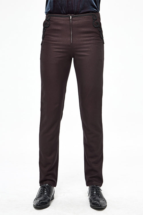 Brown Twill Suit Material Side Pocket Floral Shaped Webbing Gothic Mens Pants - Brown - 1
