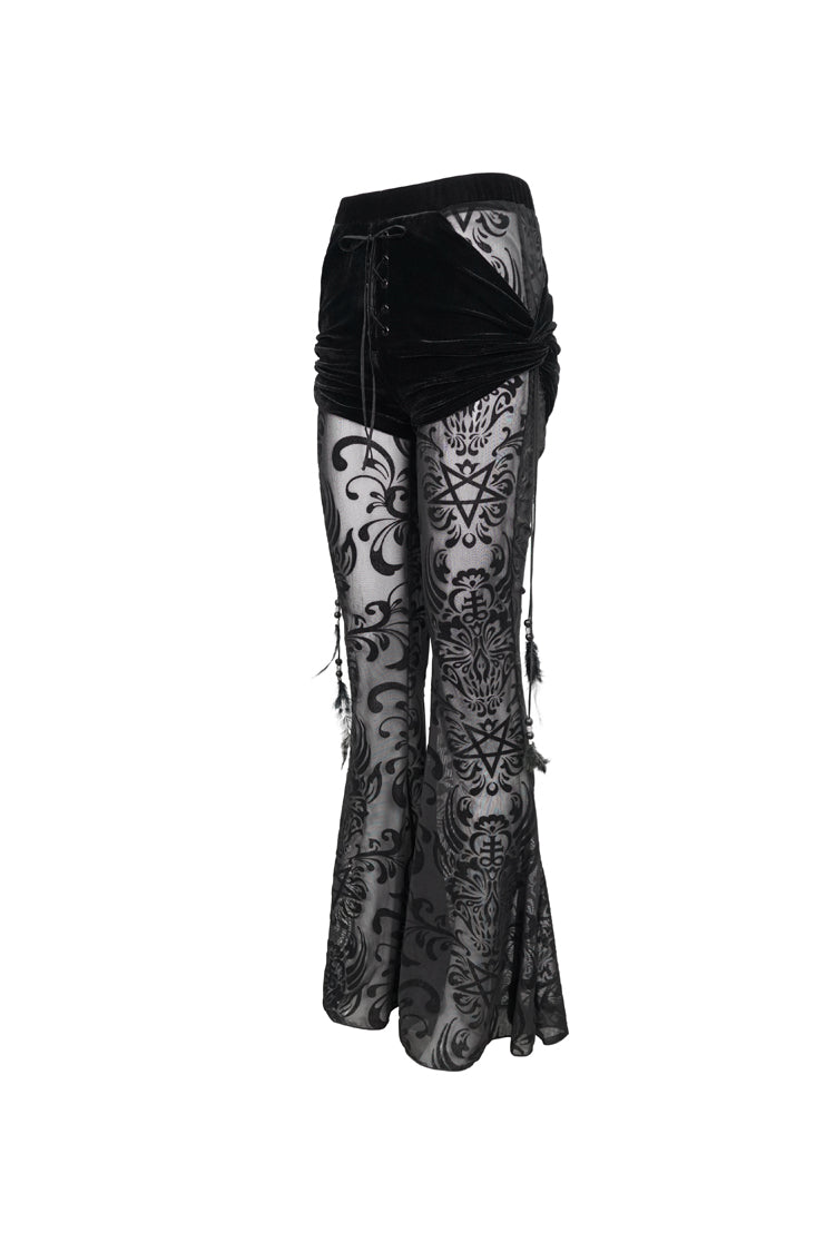 Black Flocking Mesh Side Hanging Feather Pendant Fake Two-Piece Long Women's Gothic Flared Pants - Product - 7