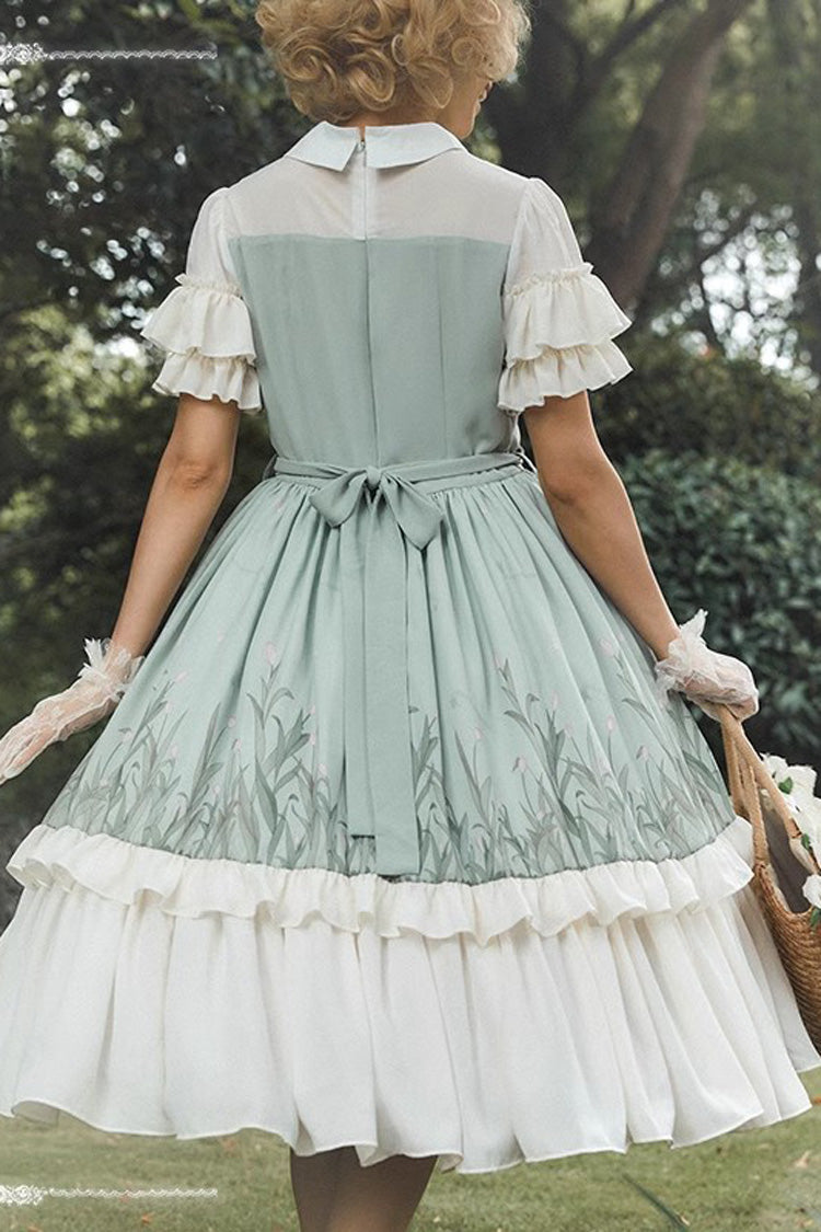 White/Green Lapel Collar Wizard Of Oz Short Sleeves Ruffle Bowknot Sweet Lolita Dress - Product - 6