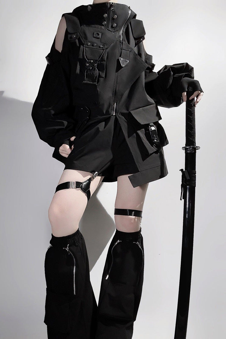 Black Techwear Long Sleeves Hooded Zippered Ouji Gothic Cool Lolita Set - Product - 6