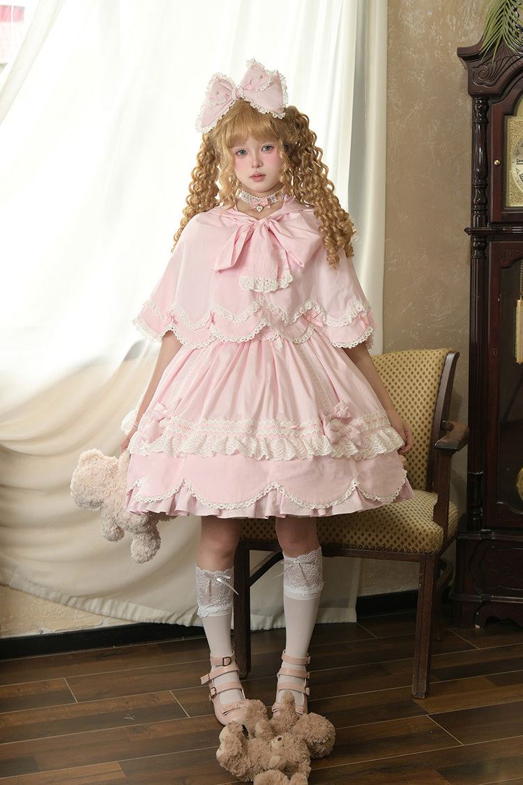 Pink [Petal Bunny] Cotton Square Collar Short Sleeves Double-Layered Ruffled Bow Lace Lace-Up Sweet Lolita Dress - Product - 6