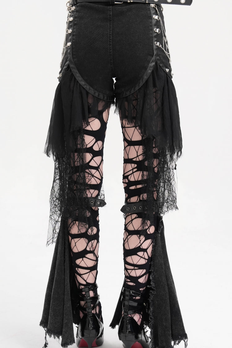 Black Chain Irregular Mesh Ripped Hem Women's Gothic Shorts - Product - 4