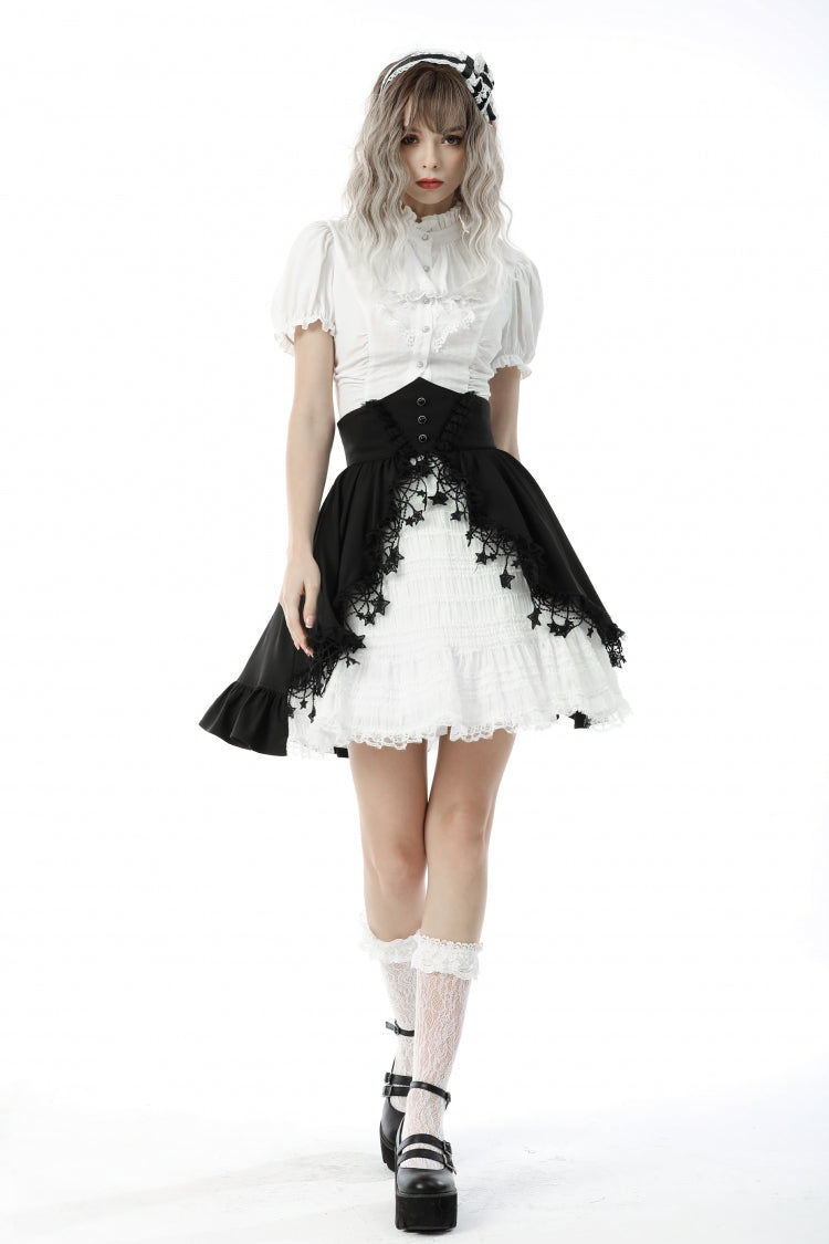 White Short Puff Sleeves Ruffled Neckline Lace Lace-Up Women's Gothic Blouse - White - 1
