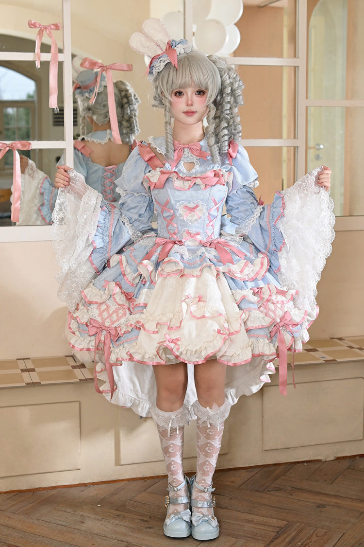 [Bunny Hime] Doll Collar Short Sleeves Multi-Layered Ruffled Bow Sweet Lolita Dress 2 Colors (Blue, Pink) - Blue - 4