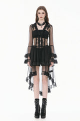 Black Deep-V Ruffled Long Flare Sleeves Sheer Lace Patchwork Lace-Up Women's Gothic Duster - Product - 5