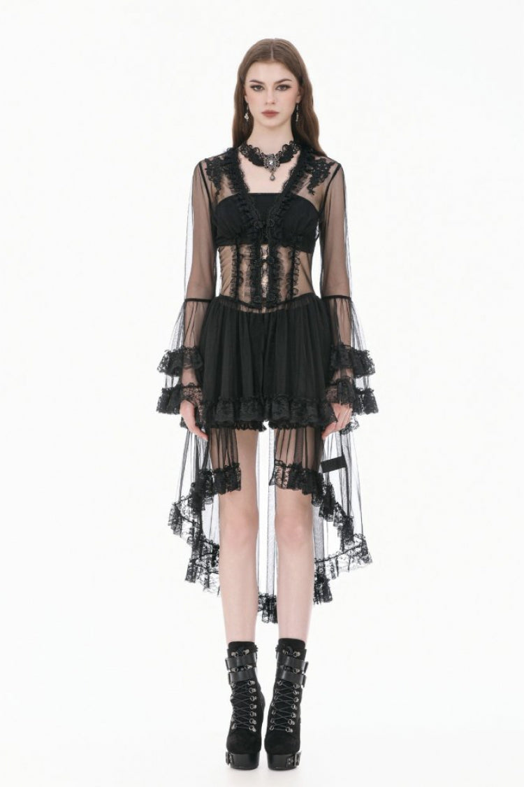 Black Deep-V Ruffled Long Flare Sleeves Sheer Lace Patchwork Lace-Up Women's Gothic Duster - Product - 5