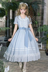 Blue [Seven Day Bell] Navy Collar Short Sleeves Printed Ruffled Bow Sweet Lolita Dress 2 Versions - Product - 21