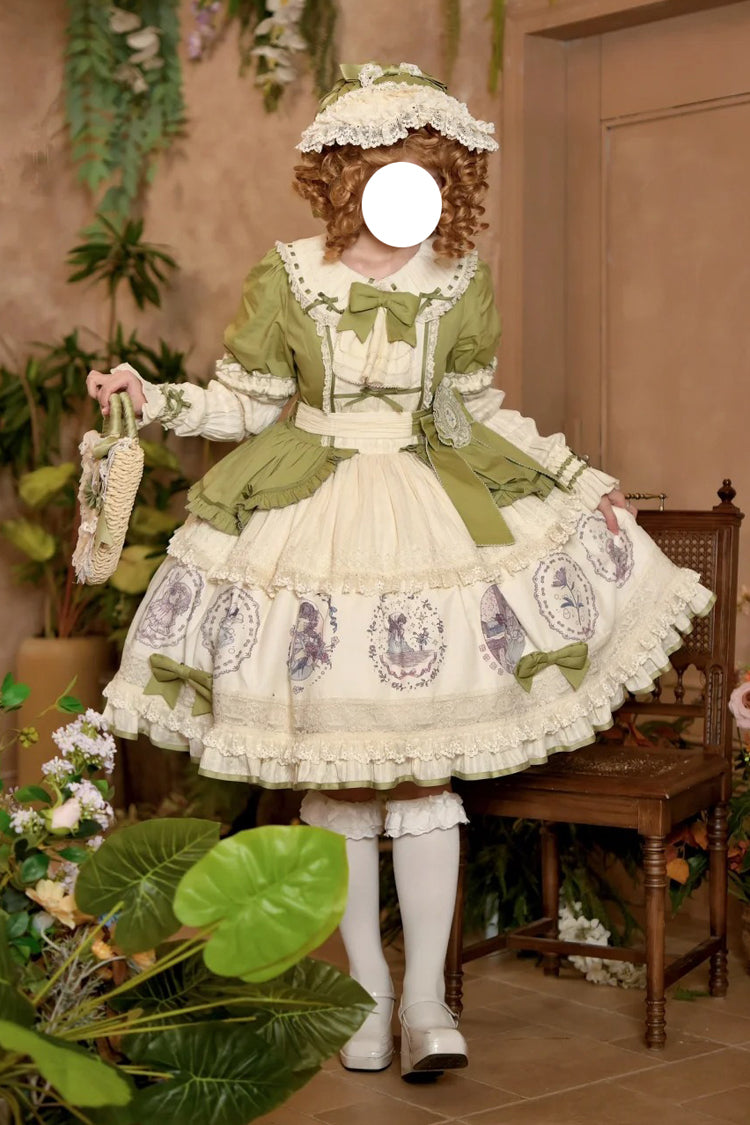 Green [Little Ida's Flowers] Short Sleeves Print Ruffle Bowknot Sweet Lolita Dress - Green - 1