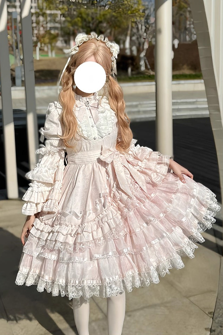 Pink [The Soloist Doll] Long Hime Sleeves Multi-Layered Print Ruffle Bowknot Asymmetric Sweet Lolita Dress - Pink - 1