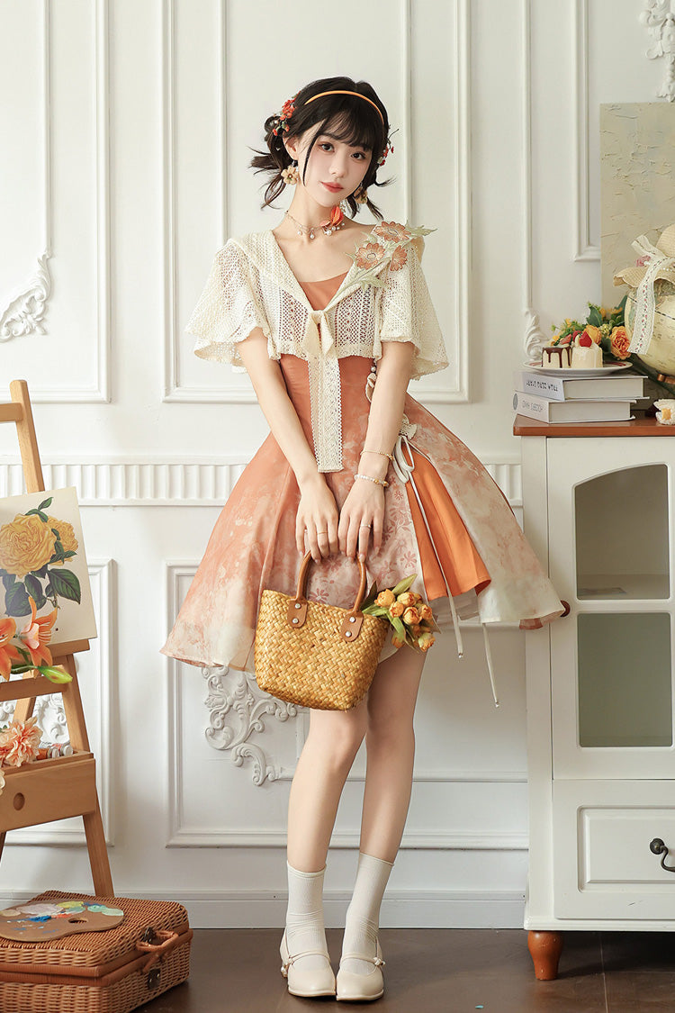 Orange Square Collar Sleeveless Chrysanthemum Printed Bow Lace-Up Asymmetric Sweet Chinese Inspired Lolita Jsk Dress Set - Product - 9